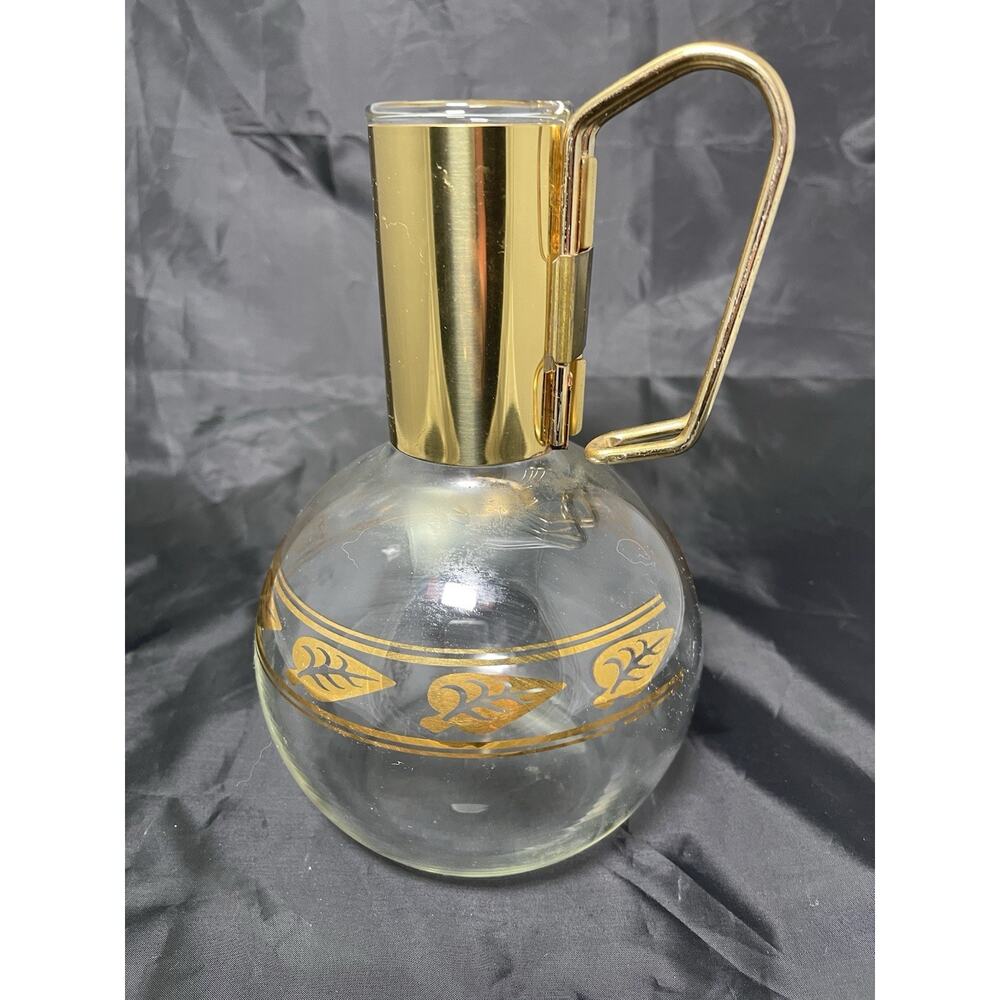 Vintage MCM Coffee Carafe Retro Design Gold Brass Handle Glass Pyrex